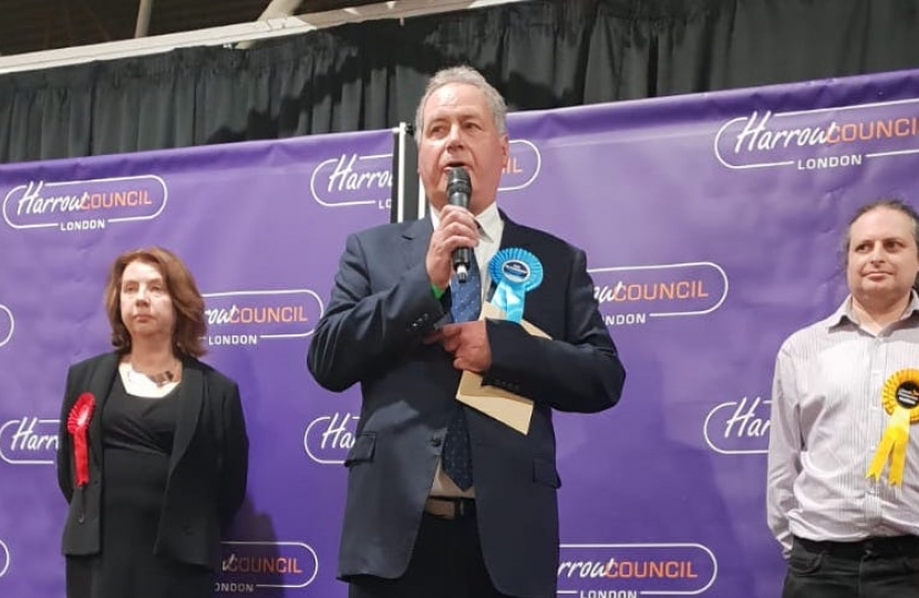 Bob Blackman MP at the count in Harrow Leisure Centre