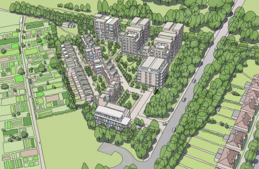 Proposed development plans for 265 The Ridgeway. It shows the architect drawings of multiple tower blocks which were proposed to be built on the site.