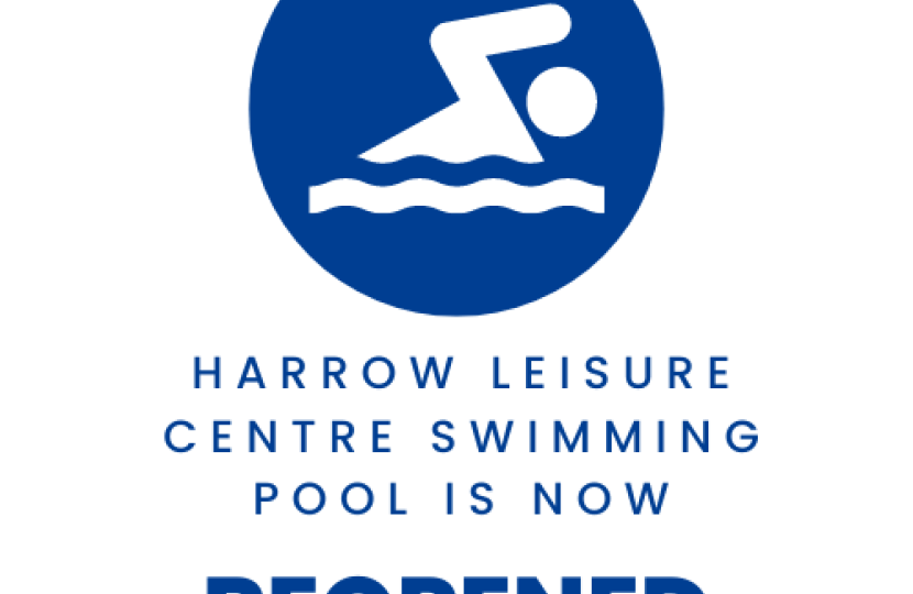 Graphic which says Harrow Leisure Centre Swimming Pool is now reopened