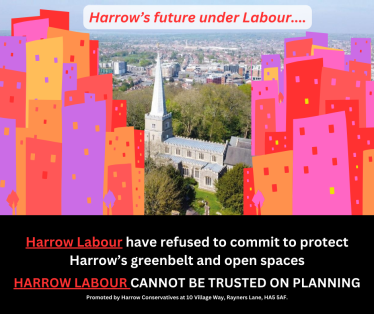 Graphic showing tower blocks blotting out Harrow's skyline from St Mary's Church